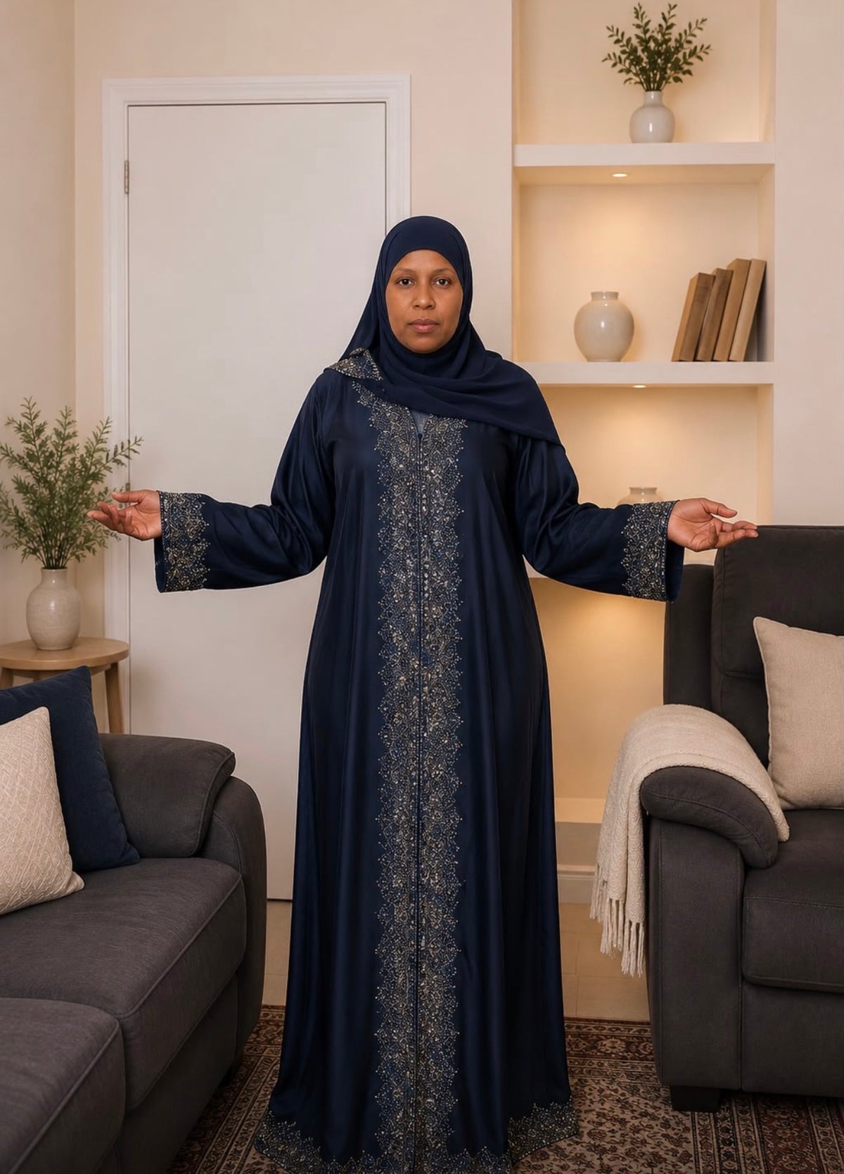 Elegant Navy Blue Embroidered Abaya